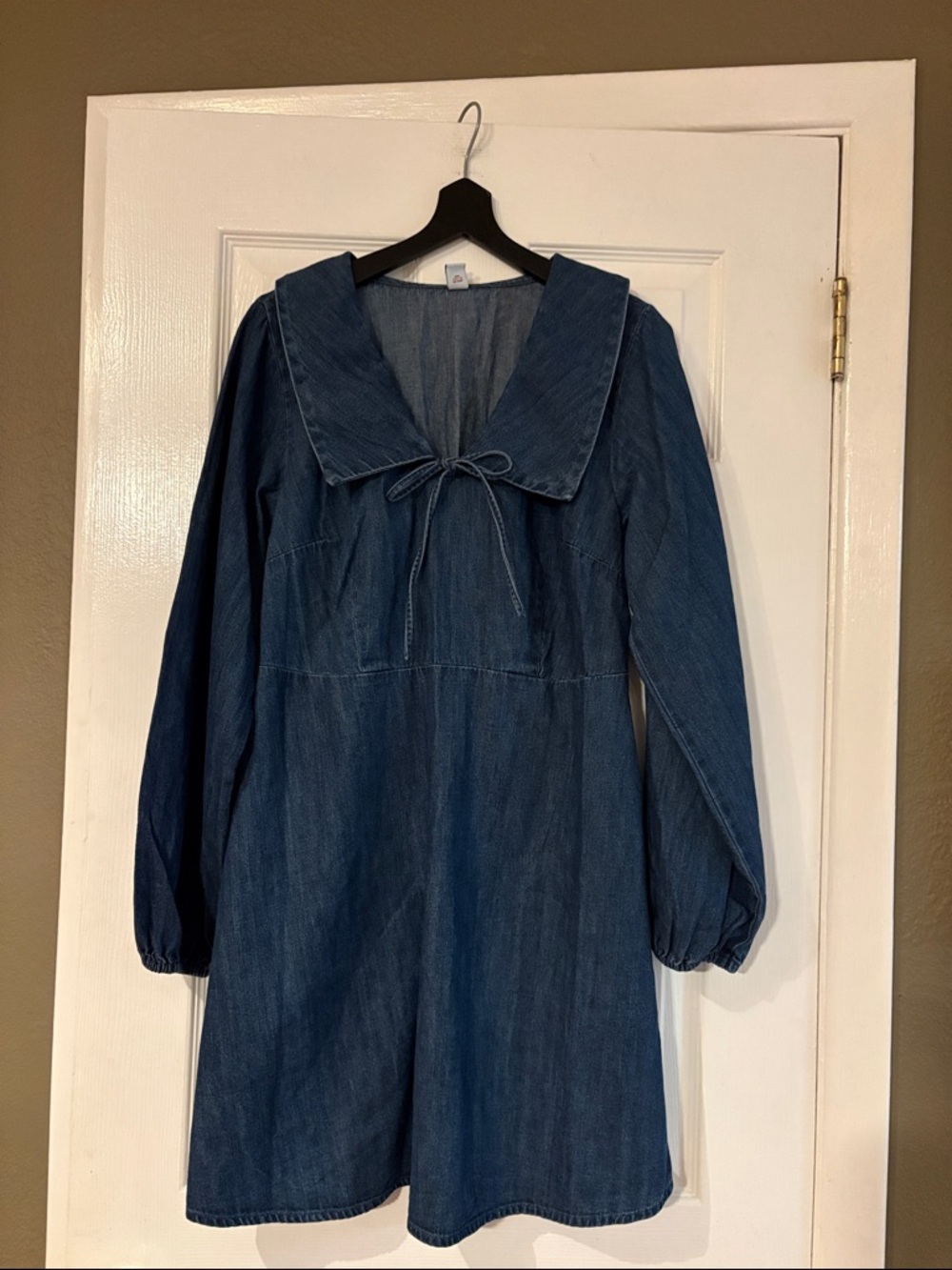 Long-Sleeve Fit & Flare Collared Jean Mini Dress - Picture 5 of 8